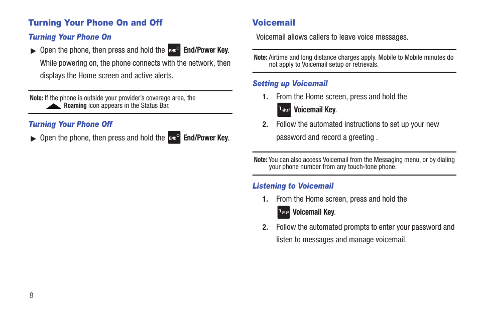 Turning your phone on and off, Voicemail, Turning your phone on and off voicemail | Samsung SCH-U660CNAVZW User Manual | Page 14 / 163