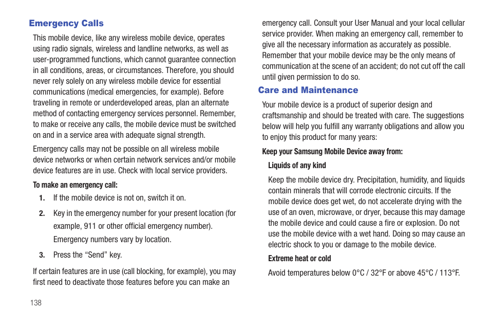 Emergency calls, Care and maintenance, Emergency calls care and maintenance | Samsung SCH-U660CNAVZW User Manual | Page 144 / 163