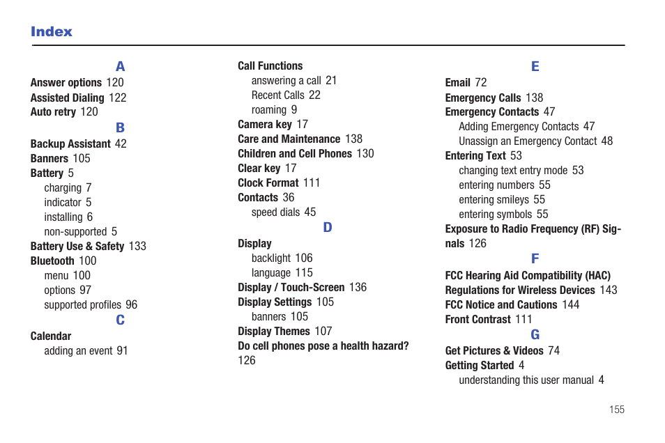 Index | Samsung SCH-U660CNAVZW User Manual | Page 161 / 163