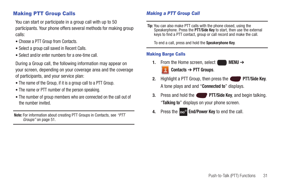 Making ptt group calls | Samsung SCH-U660CNAVZW User Manual | Page 37 / 163