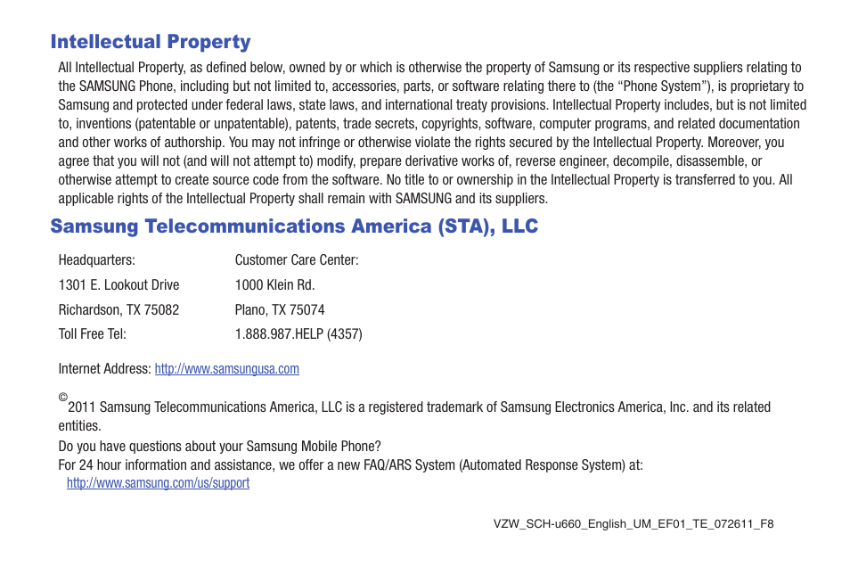 Intellectual property, Samsung telecommunications america (sta), llc | Samsung SCH-U660CNAVZW User Manual | Page 4 / 163