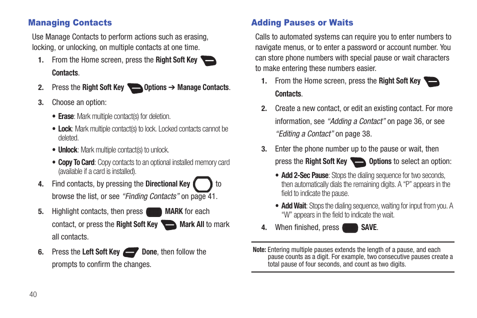 Managing contacts, Adding pauses or waits, Managing contacts adding pauses or waits | Samsung SCH-U660CNAVZW User Manual | Page 46 / 163