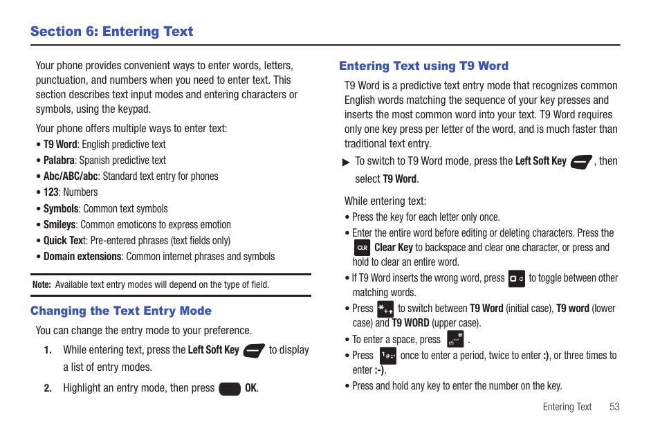 Section 6: entering text, Changing the text entry mode, Entering text using t9 word | Samsung SCH-U660CNAVZW User Manual | Page 59 / 163