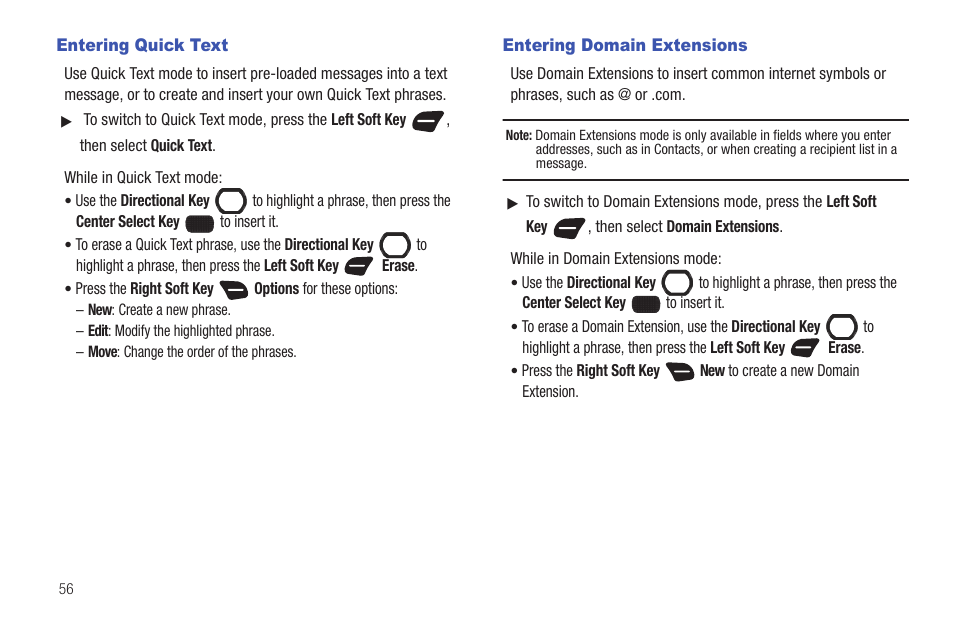 Entering quick text, Entering domain extensions, Entering quick text entering domain extensions | Samsung SCH-U660CNAVZW User Manual | Page 62 / 163