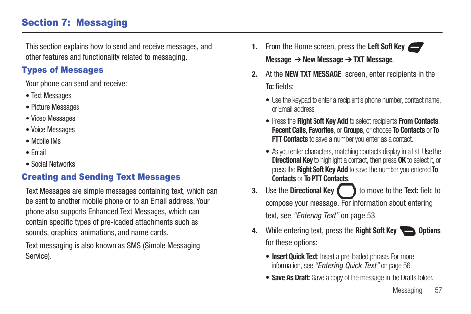 Section 7: messaging, Types of messages, Creating and sending text messages | Samsung SCH-U660CNAVZW User Manual | Page 63 / 163