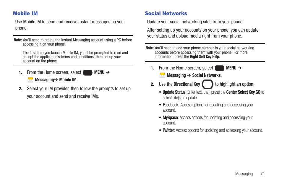 Mobile im, Social networks, Mobile im social networks | Samsung SCH-U660CNAVZW User Manual | Page 77 / 163