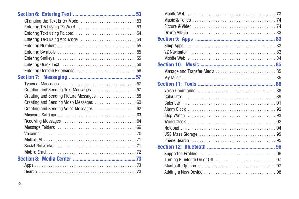 Section 6: entering text 53, Section 7: messaging 57, Section 8: media center 73 | Section 9: apps 83, Section 10: music 85, Section 11: tools 88, Section 12: bluetooth 96 | Samsung SCH-U660CNAVZW User Manual | Page 8 / 163