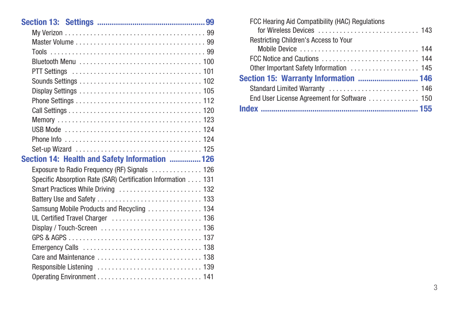 Section 13: settings 99, Section 14: health and safety information 126, Section 15: warranty information 146 | Samsung SCH-U660CNAVZW User Manual | Page 9 / 163