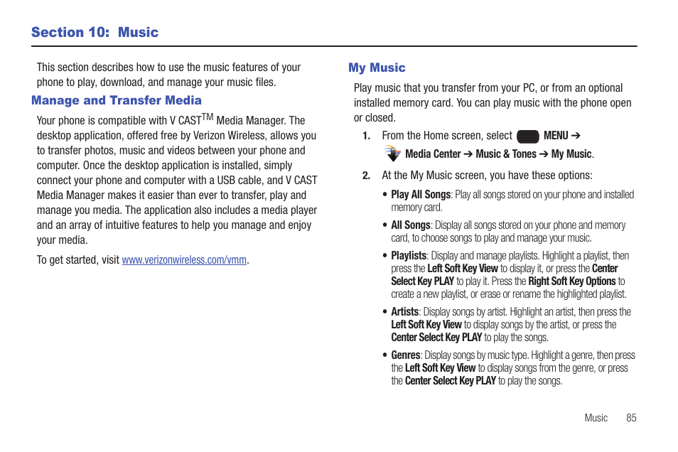 Section 10: music, Manage and transfer media, My music | Manage and transfer media my music | Samsung SCH-U660CNAVZW User Manual | Page 91 / 163