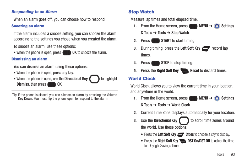 Stop watch, World clock, Stop watch world clock | Samsung SCH-U660CNAVZW User Manual | Page 99 / 163