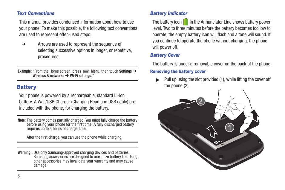 Text conventions, Battery, Battery indicator | Battery cover, Removing the battery cover | Samsung SCH-R915ZKACRI User Manual | Page 10 / 157