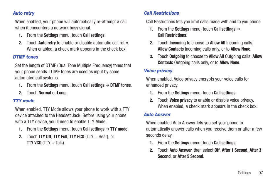 Auto retry, Dtmf tones, Tty mode | Call restrictions, Voice privacy, Auto answer | Samsung SCH-R915ZKACRI User Manual | Page 101 / 157
