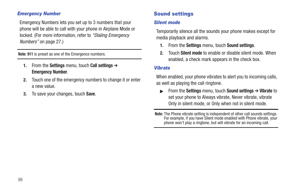 Emergency number, Sound settings, Silent mode | Vibrate | Samsung SCH-R915ZKACRI User Manual | Page 102 / 157