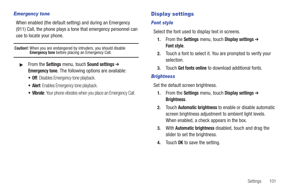 Emergency tone, Display settings, Font style | Brightness | Samsung SCH-R915ZKACRI User Manual | Page 105 / 157