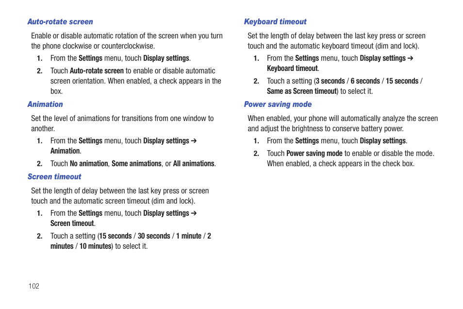Auto-rotate screen, Animation, Screen timeout | Keyboard timeout, Power saving mode | Samsung SCH-R915ZKACRI User Manual | Page 106 / 157