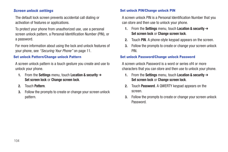 Screen unlock settings, Set unlock pattern/change unlock pattern, Set unlock pin/change unlock pin | Set unlock password/change unlock password | Samsung SCH-R915ZKACRI User Manual | Page 108 / 157
