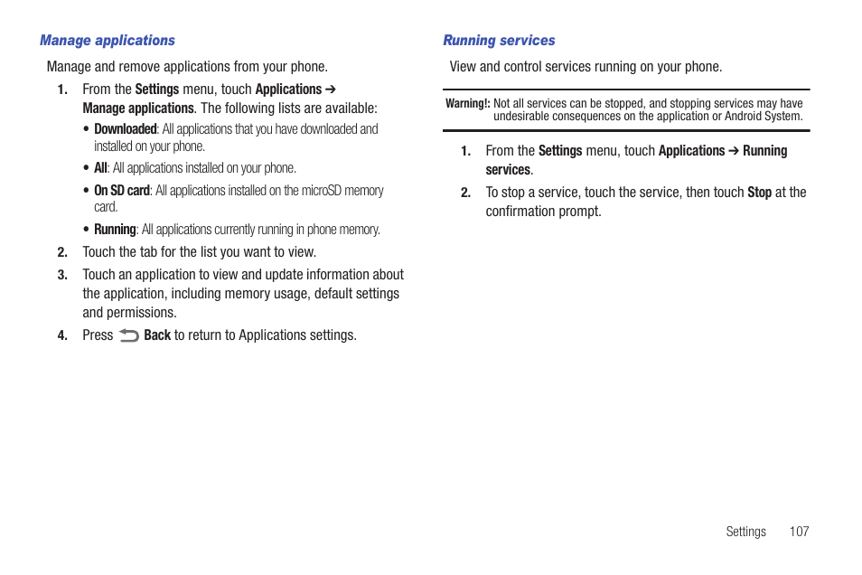 Manage applications, Running services | Samsung SCH-R915ZKACRI User Manual | Page 111 / 157