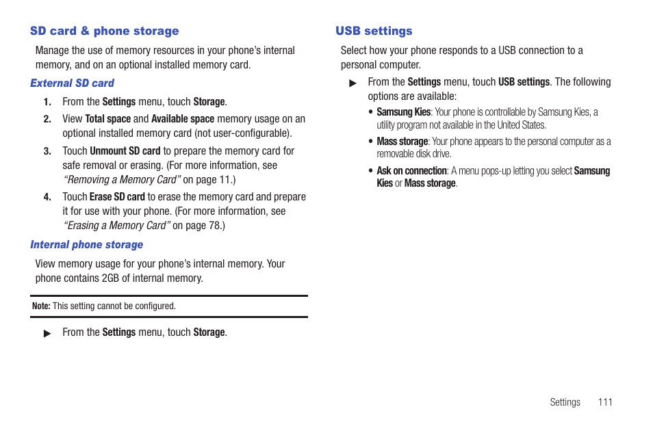 Sd card & phone storage, External sd card, Internal phone storage | Usb settings, Sd card & phone storage usb settings | Samsung SCH-R915ZKACRI User Manual | Page 115 / 157