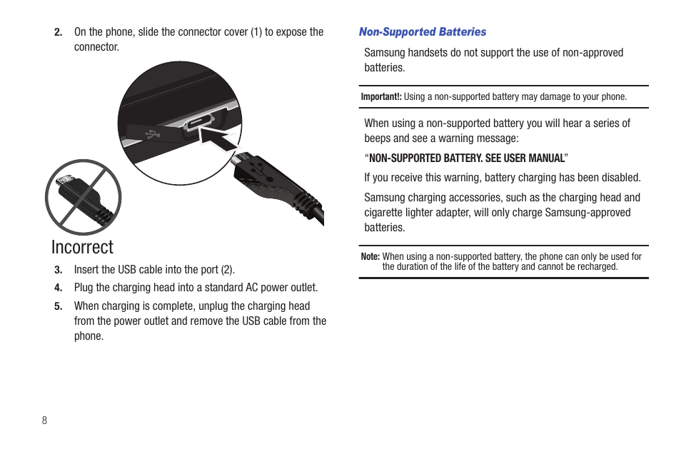 Non-supported batteries, Incorrect | Samsung SCH-R915ZKACRI User Manual | Page 12 / 157