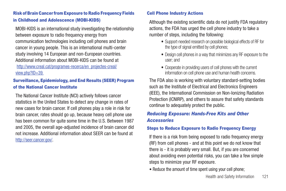 Cell phone industry actions, Steps to reduce exposure to radio frequency energy | Samsung SCH-R915ZKACRI User Manual | Page 125 / 157