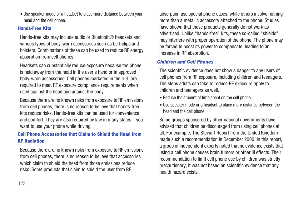 Hands-free kits, Children and cell phones | Samsung SCH-R915ZKACRI User Manual | Page 126 / 157