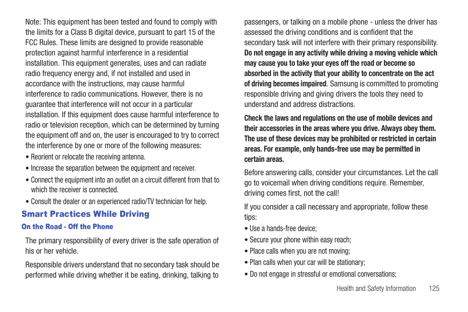 Smart practices while driving, On the road - off the phone | Samsung SCH-R915ZKACRI User Manual | Page 129 / 157