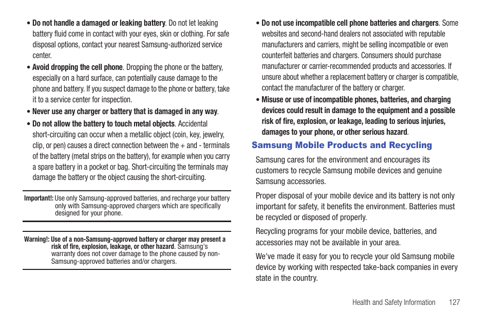 Samsung mobile products and recycling | Samsung SCH-R915ZKACRI User Manual | Page 131 / 157