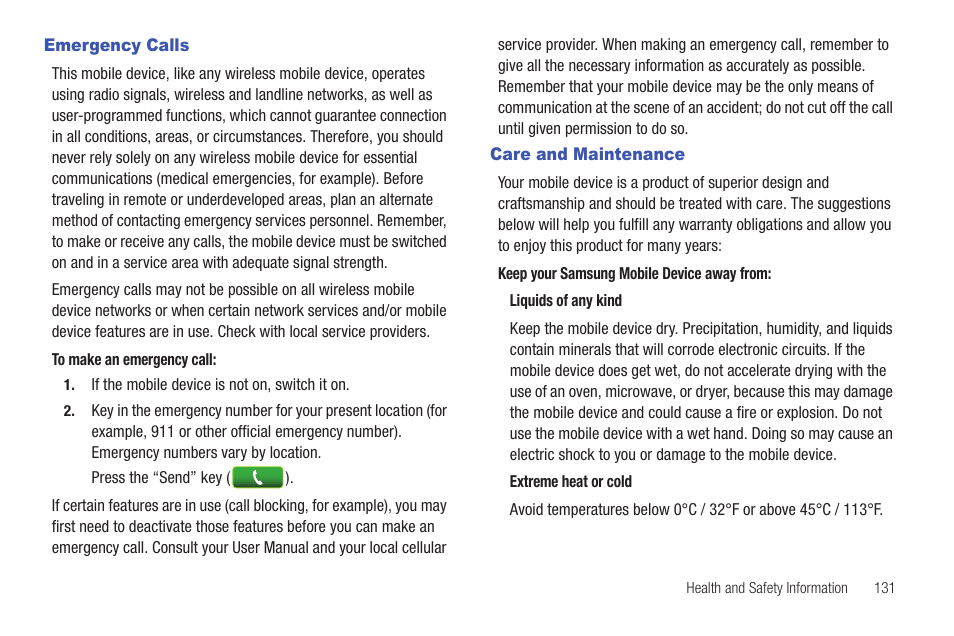 Emergency calls, Care and maintenance, Emergency calls care and maintenance | Samsung SCH-R915ZKACRI User Manual | Page 135 / 157