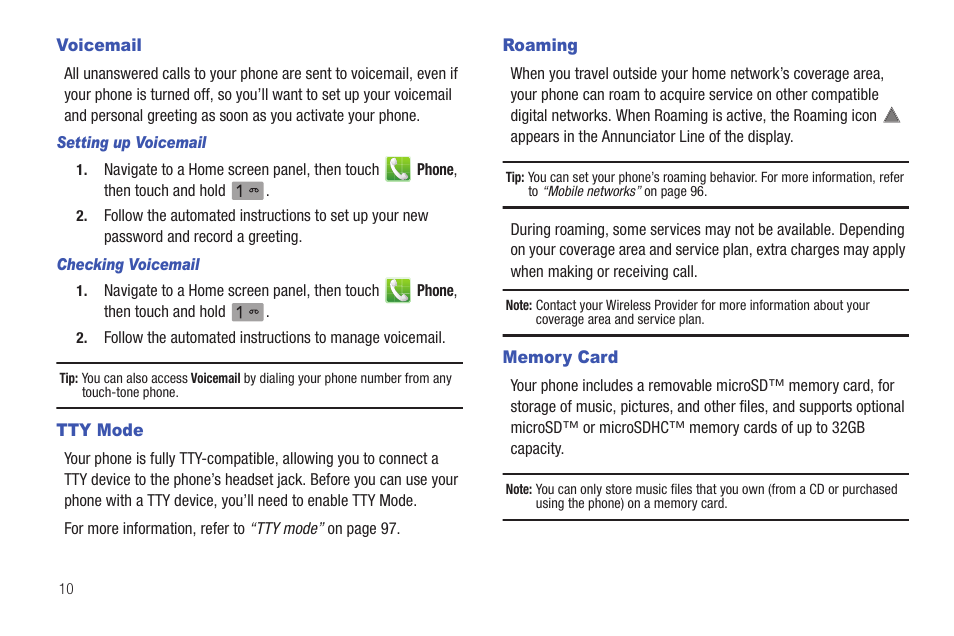 Voicemail, Setting up voicemail, Checking voicemail | Tty mode, Roaming, Memory card, Voicemail tty mode roaming memory card | Samsung SCH-R915ZKACRI User Manual | Page 14 / 157