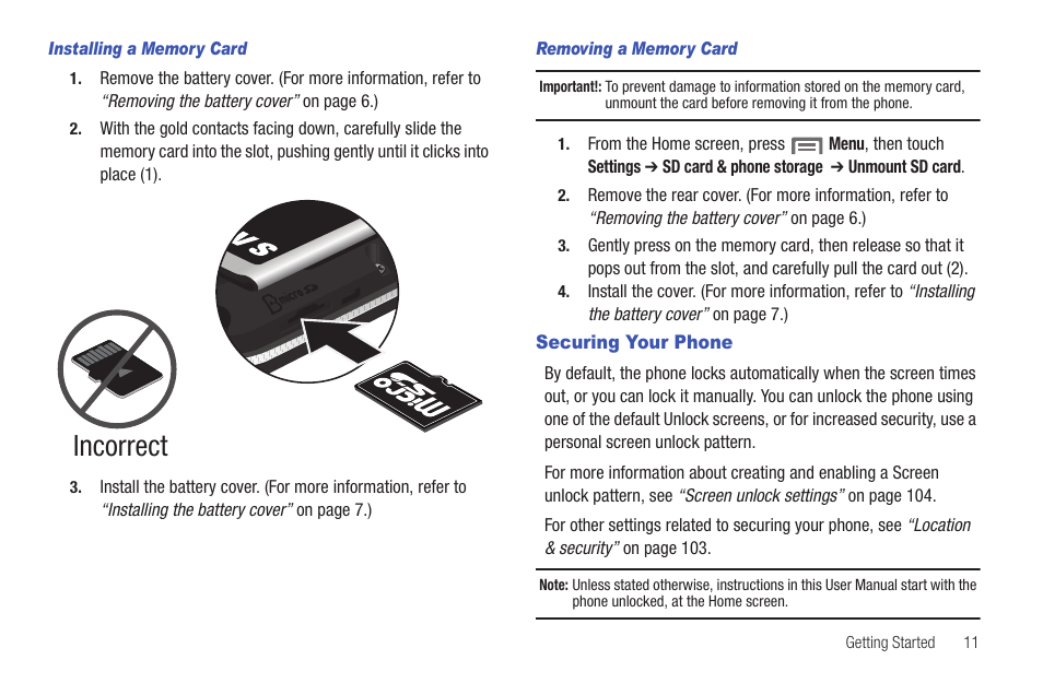 Installing a memory card, Removing a memory card, Securing your phone | Incorrect | Samsung SCH-R915ZKACRI User Manual | Page 15 / 157