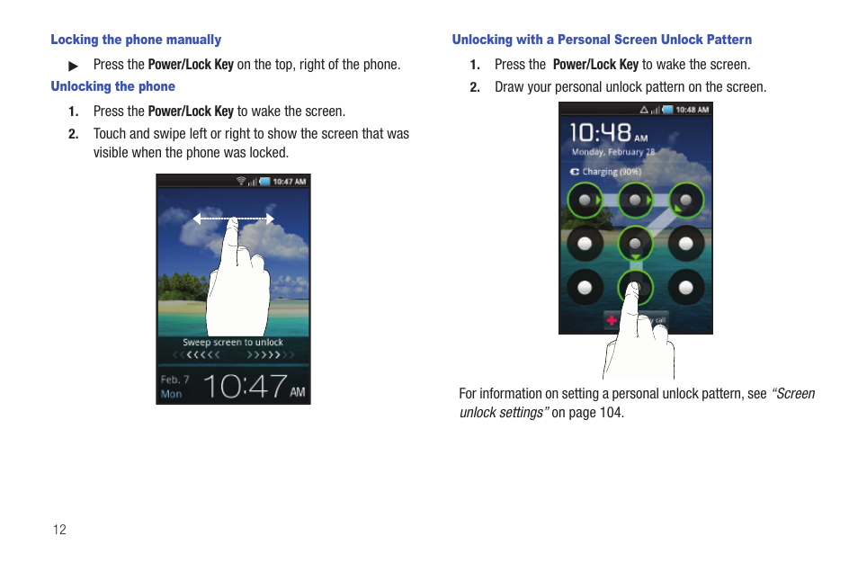 Locking the phone manually, Unlocking the phone, Unlocking with a personal screen unlock pattern | Samsung SCH-R915ZKACRI User Manual | Page 16 / 157