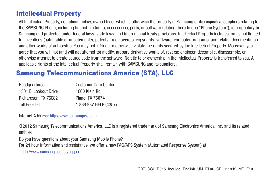 Intellectual property, Samsung telecommunications america (sta), llc | Samsung SCH-R915ZKACRI User Manual | Page 2 / 157