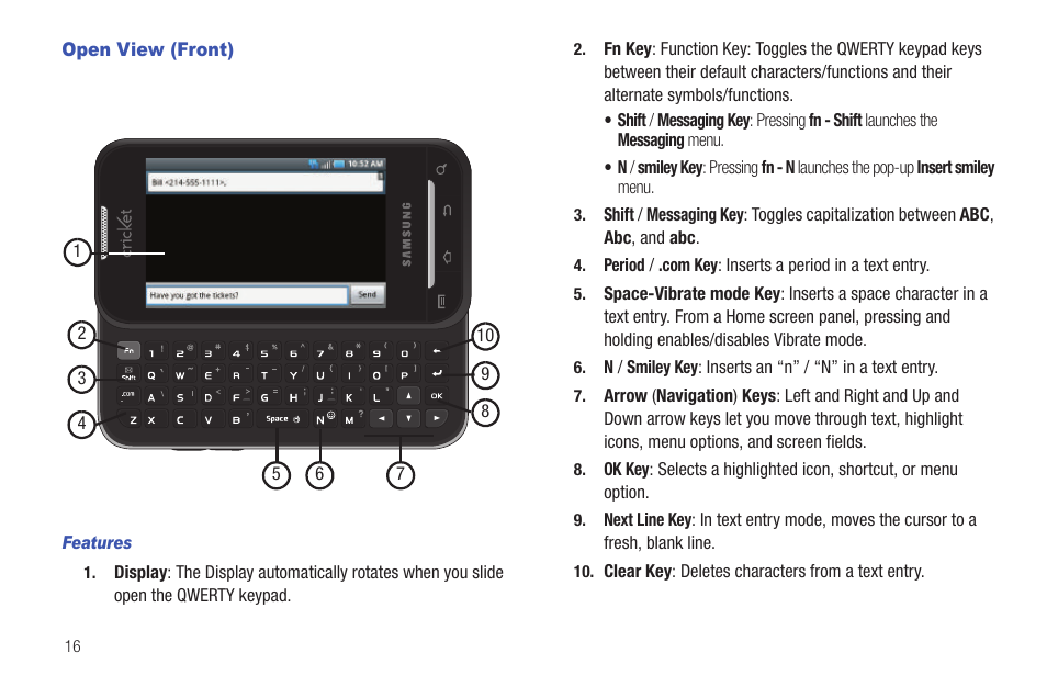 Open view (front), Features | Samsung SCH-R915ZKACRI User Manual | Page 20 / 157