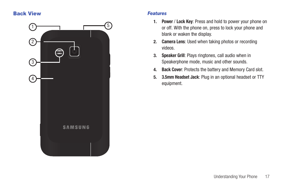 Back view, Features | Samsung SCH-R915ZKACRI User Manual | Page 21 / 157