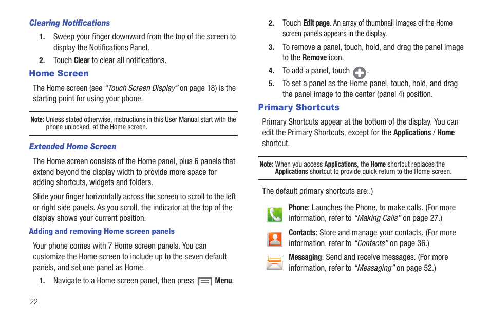 Clearing notifications, Home screen, Extended home screen | Adding and removing home screen panels, Primary shortcuts, Home screen primary shortcuts | Samsung SCH-R915ZKACRI User Manual | Page 26 / 157