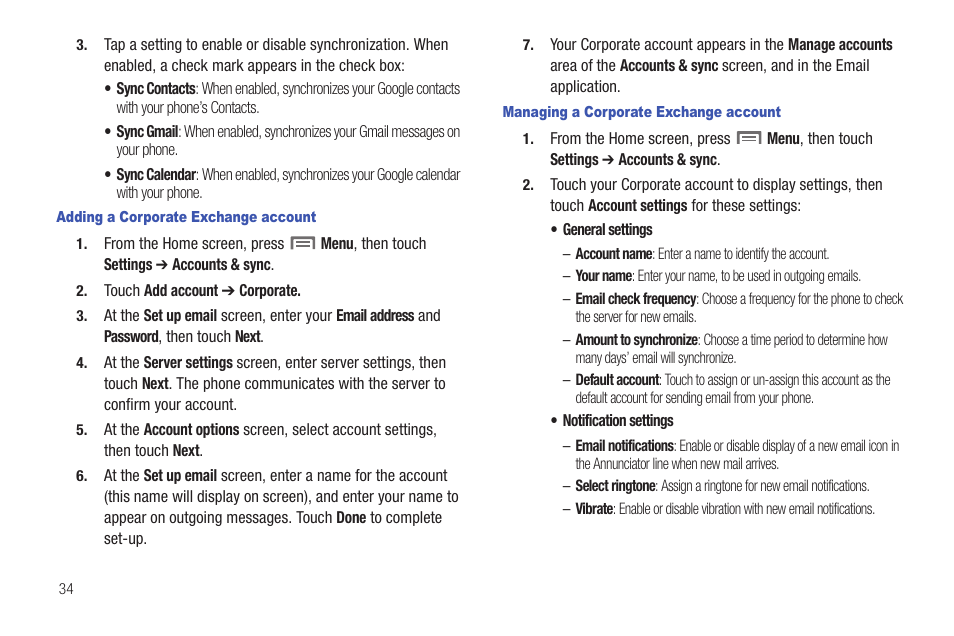 Adding a corporate exchange account, Managing a corporate exchange account | Samsung SCH-R915ZKACRI User Manual | Page 38 / 157