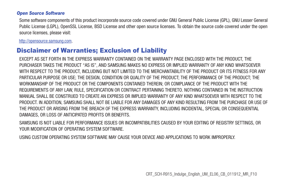 Open source software, Disclaimer of warranties; exclusion of liability | Samsung SCH-R915ZKACRI User Manual | Page 4 / 157