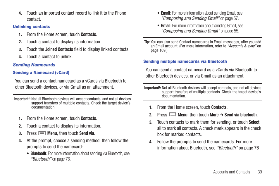 Unlinking contacts, Sending namecards, Sending a namecard (vcard) | Sending multiple namecards via bluetooth | Samsung SCH-R915ZKACRI User Manual | Page 43 / 157