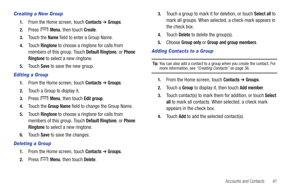 Creating a new group, Editing a group, Deleting a group | Adding contacts to a group | Samsung SCH-R915ZKACRI User Manual | Page 45 / 157