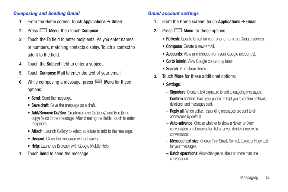 Composing and sending gmail, Gmail account settings | Samsung SCH-R915ZKACRI User Manual | Page 59 / 157