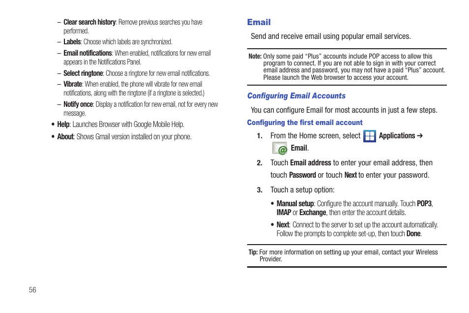 Email, Configuring email accounts, Configuring the first email account | Samsung SCH-R915ZKACRI User Manual | Page 60 / 157