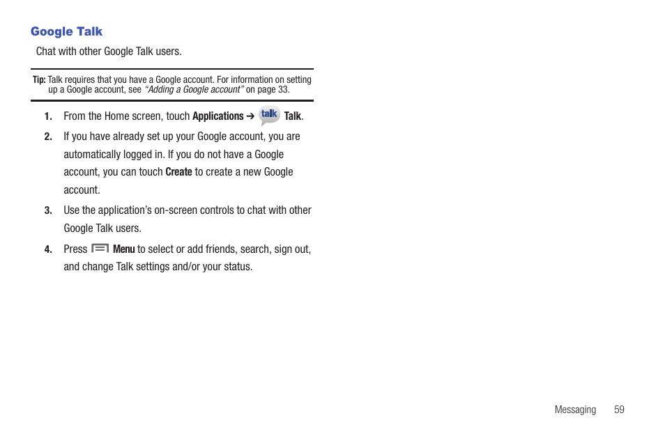 Google talk | Samsung SCH-R915ZKACRI User Manual | Page 63 / 157