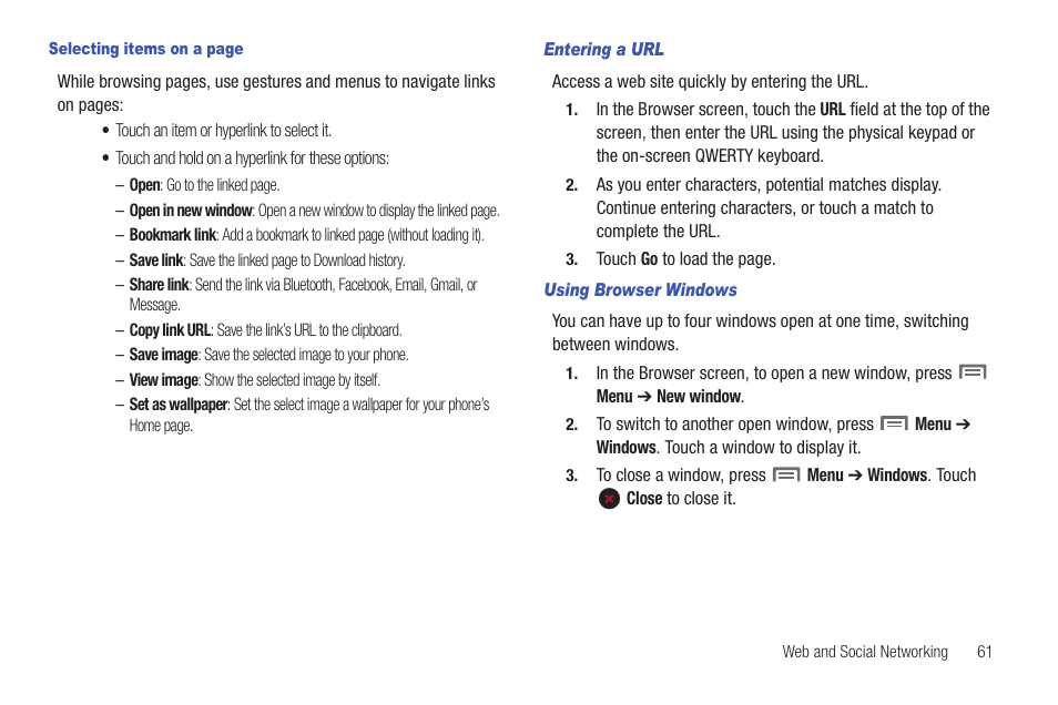 Entering a url, Using browser windows | Samsung SCH-R915ZKACRI User Manual | Page 65 / 157