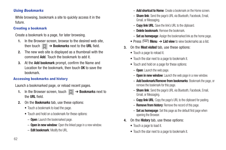 Using bookmarks, Creating a bookmark, Accessing bookmarks and history | Samsung SCH-R915ZKACRI User Manual | Page 66 / 157