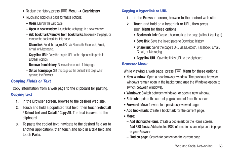 Copying fields or text, Copying text, Copying a hyperlink or url | Browser menu | Samsung SCH-R915ZKACRI User Manual | Page 67 / 157