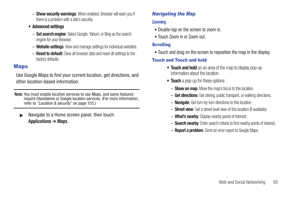 Maps, Navigating the map, Zooming | Scrolling, Touch and touch and hold | Samsung SCH-R915ZKACRI User Manual | Page 69 / 157