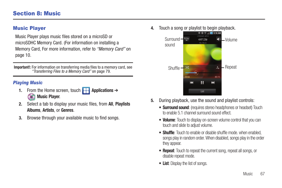 Section 8: music, Music player, Playing music | Samsung SCH-R915ZKACRI User Manual | Page 71 / 157