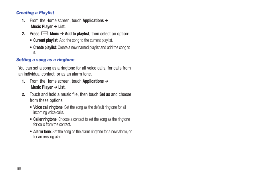 Creating a playlist, Setting a song as a ringtone | Samsung SCH-R915ZKACRI User Manual | Page 72 / 157