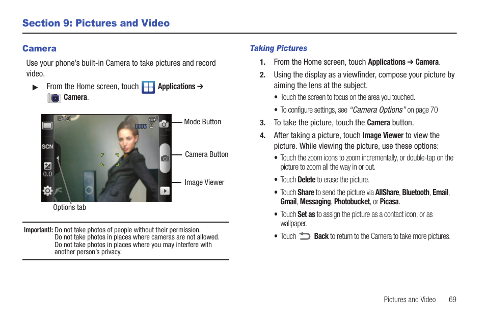 Section 9: pictures and video, Camera, Taking pictures | Samsung SCH-R915ZKACRI User Manual | Page 73 / 157