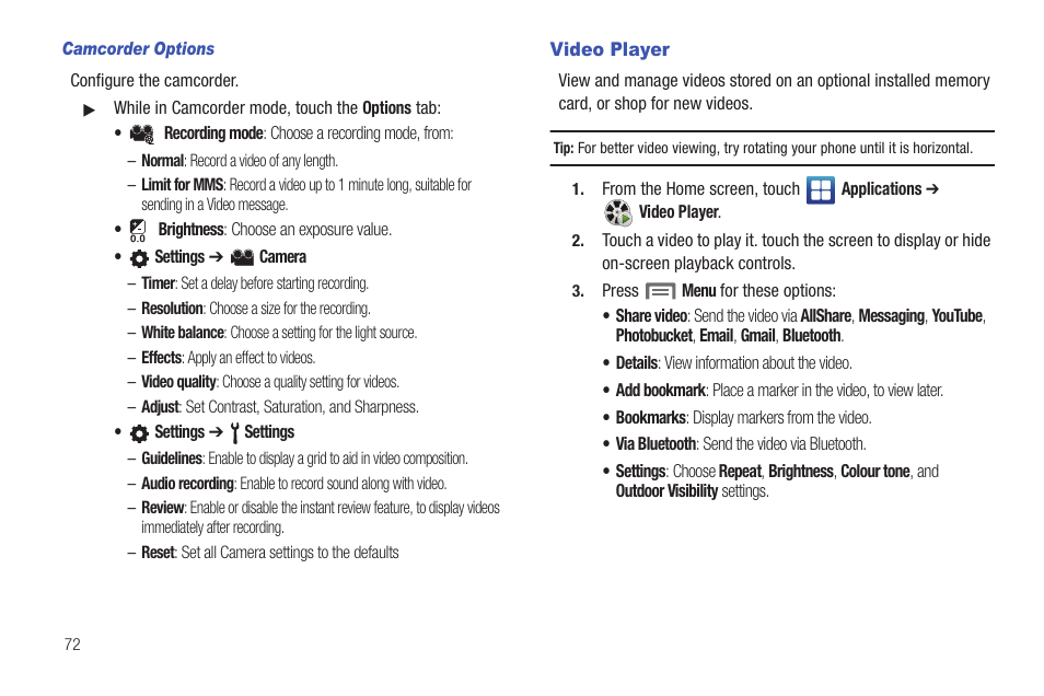 Camcorder options, Video player | Samsung SCH-R915ZKACRI User Manual | Page 76 / 157